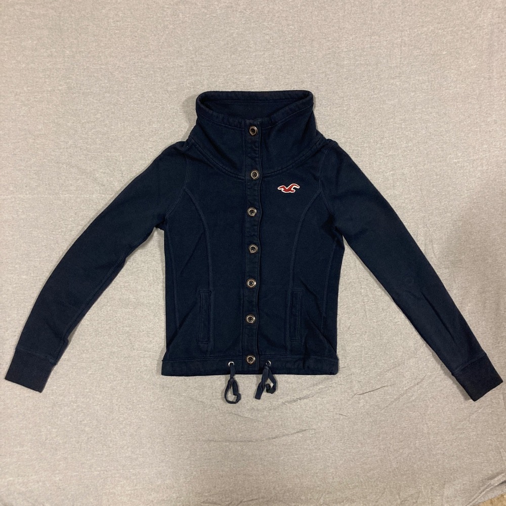 Hollister Navy Blue Button Front Funnel Neck Sweatshirt Jacket Small 352224110